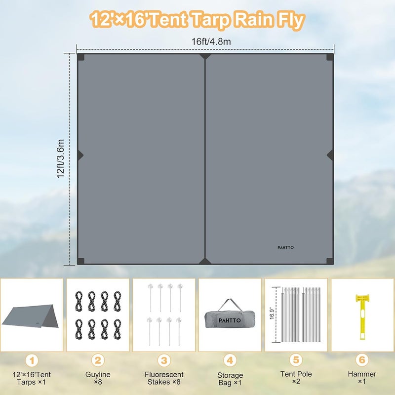 PAHTTO Camping Tarp with Poles, 16x12 Ft Camping Canopy, Waterproof Tent Tarp, Rain Shelter for Camping, Picnic,Beach, Outdoor Activities, Extra Large, Lightweight and UV Resistant, Extra Large, Grey - Image 2